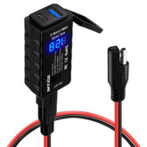 BATIGE SAE quick-release charger on motorcycle enabling fast dual USB charging.