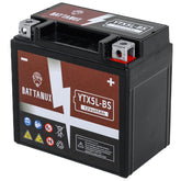 Battanux YTX5L-BS front view battery showing compact 12V5Ah design for motorcycles.