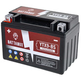 Battanux YTX9-BS battery closeup with sturdy terminals for dependable power.