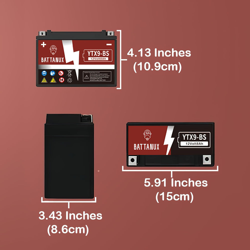Battanux YTX9-BS specs label communicates 12V8Ah capacity.