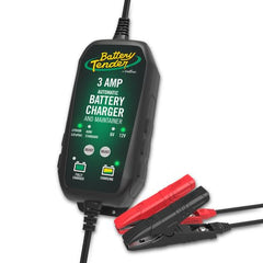 Battery Tender 3A charger with ring terminal and alligator clip cables for versatile connections.