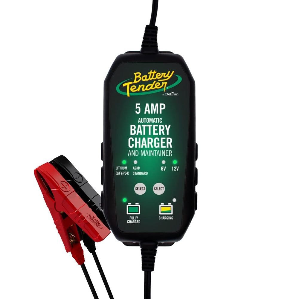Battery Tender 5A 12V charger front view showing compact design for auto battery maintenance.