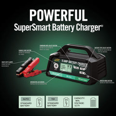Battery Tender LCD display shows charging rate and battery status.