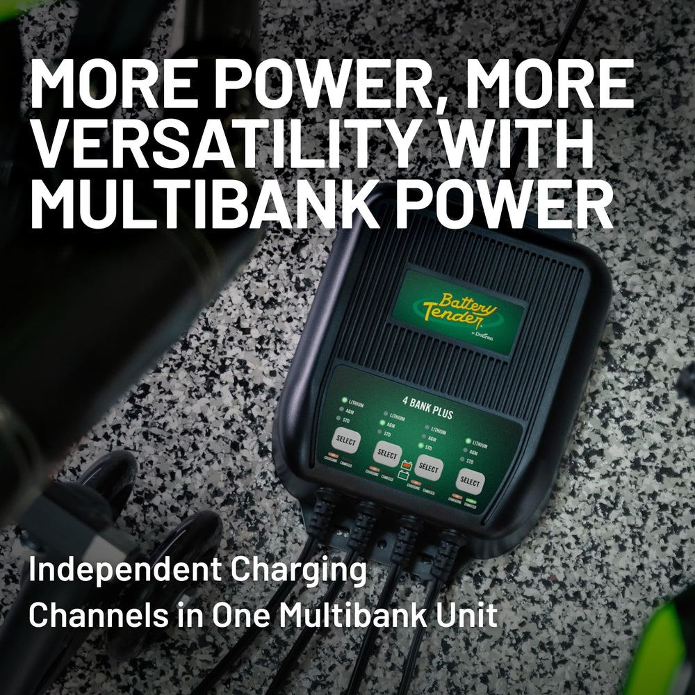 Battery Tender Plus 4-Bank charging an AGM battery safely.