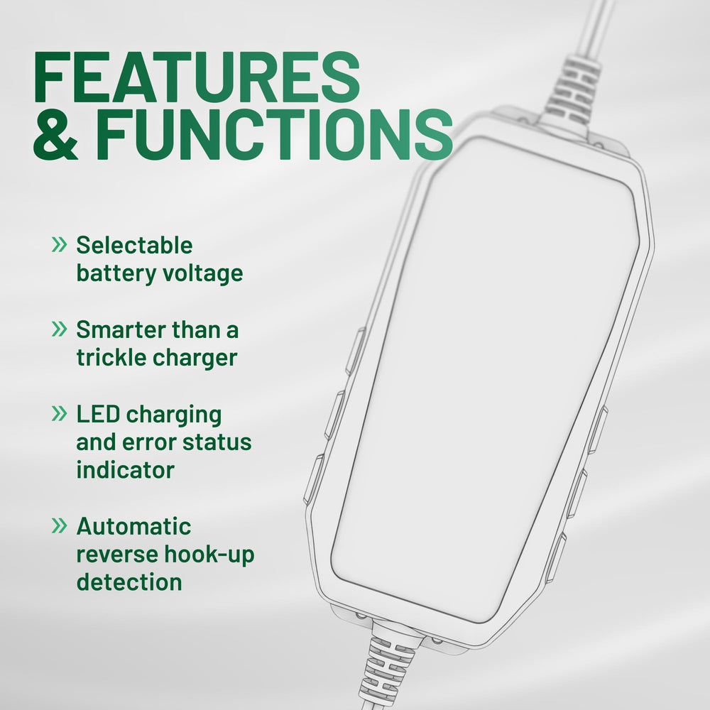Battery Tender Plus reverse polarity detection prevents incorrect connections.
