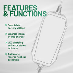 Battery Tender Plus reverse polarity detection prevents incorrect connections.