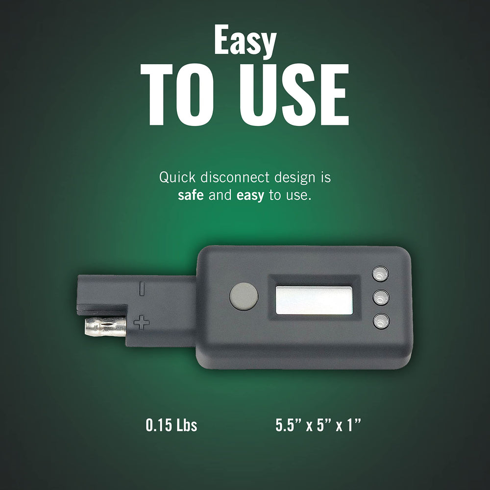 Battery Tender voltage range display covers 3 to 16 volts for versatile checks.