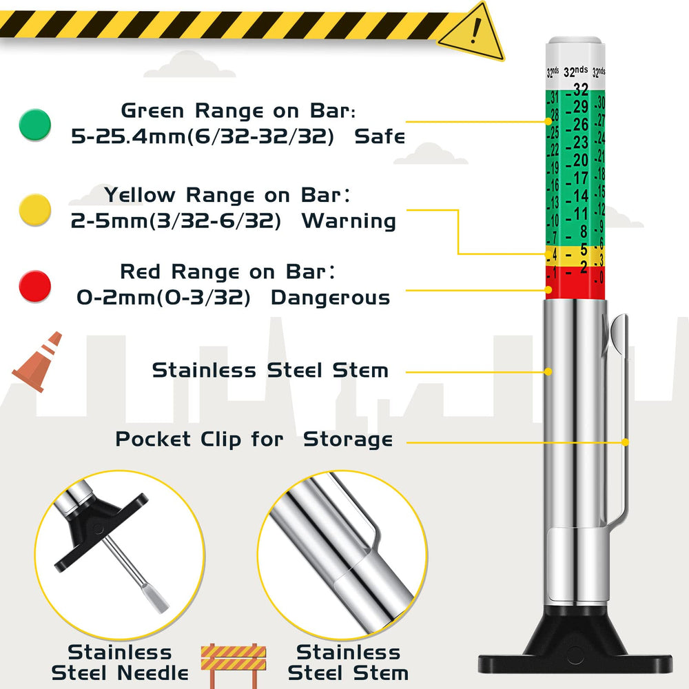 BBTO color-coded tire depth reader shows red/yellow/green ranges at a glance.