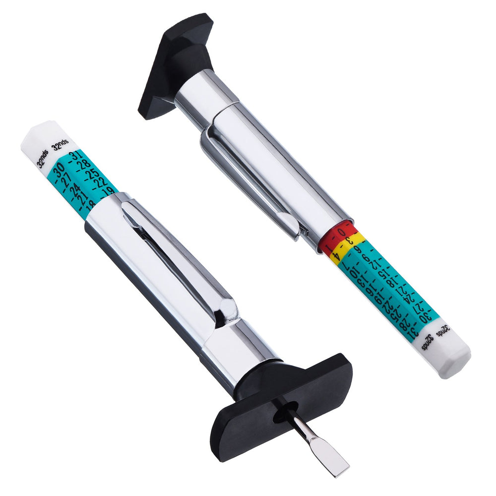 BBTO color-coded tyre depth gauge bar shows red, yellow and green ranges.