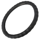BDK black leather steering wheel cover front view, fits 15-16 inches with enhanced grip.