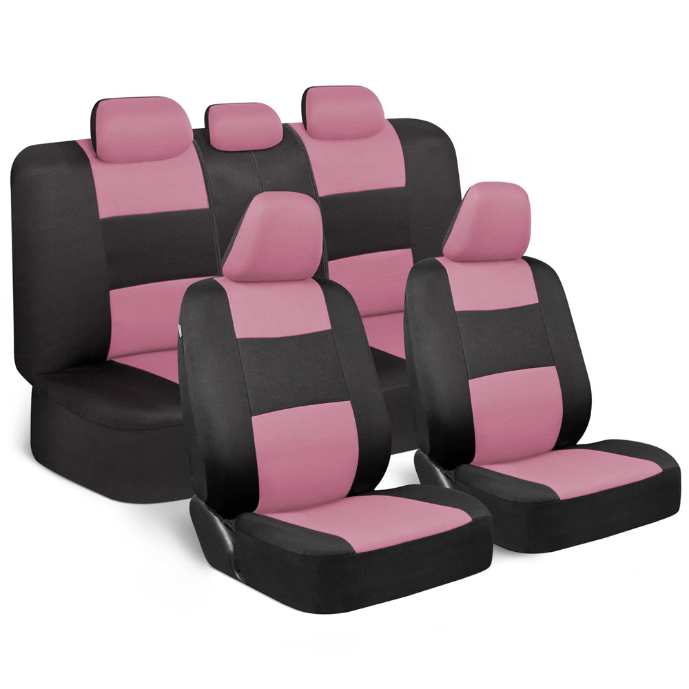 BDK PolyPro pink on black front seat cover close-up showing dirt protection for daily use.