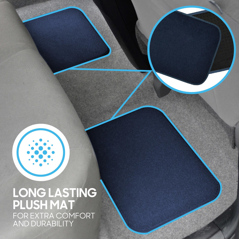 BDK Premium Blue car mats easy-clean action illustrates removal and wash convenience.