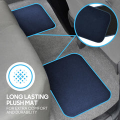 BDK Premium Blue car mats easy-clean action illustrates removal and wash convenience.