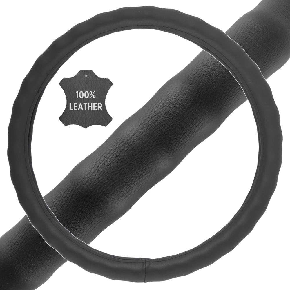 BDK black leather steering wheel cover side view, snug fit improves control.