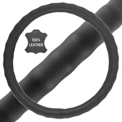 BDK black leather steering wheel cover side view, snug fit improves control.