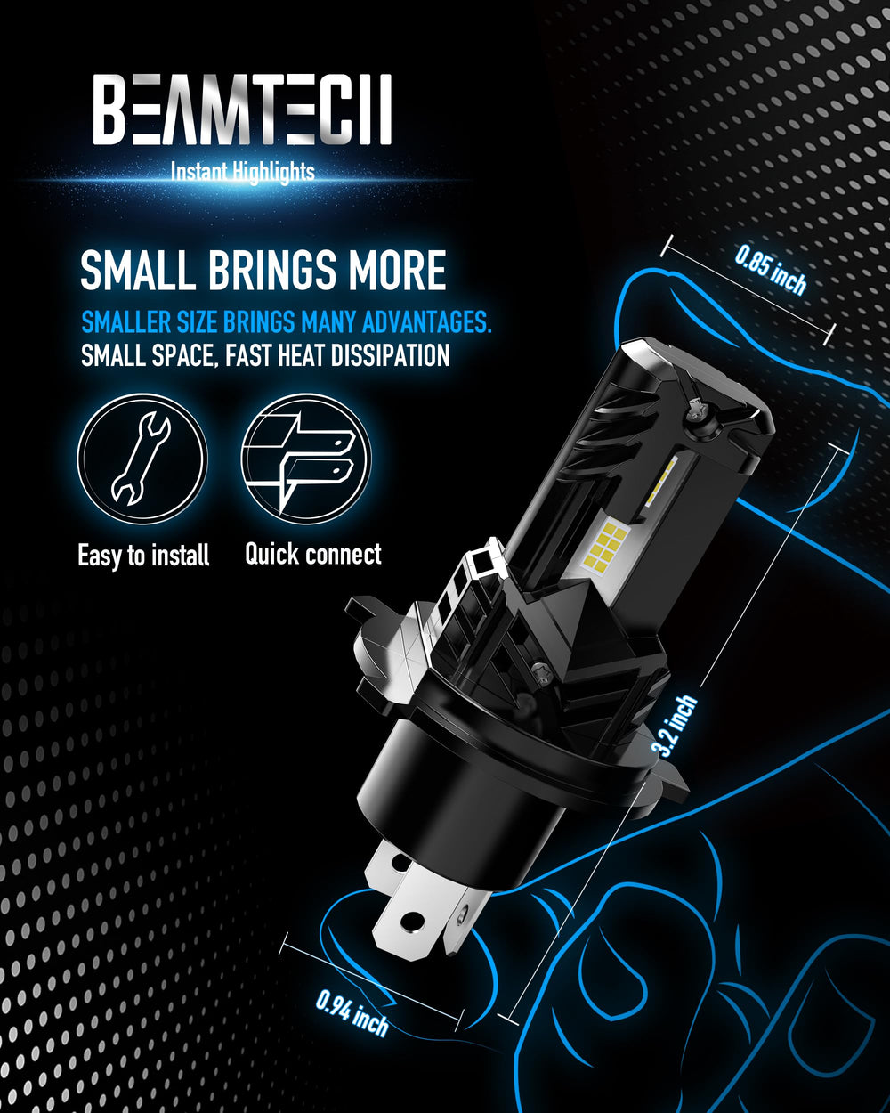 BEAMTECH H4 heat dissipation features extend bulb life
