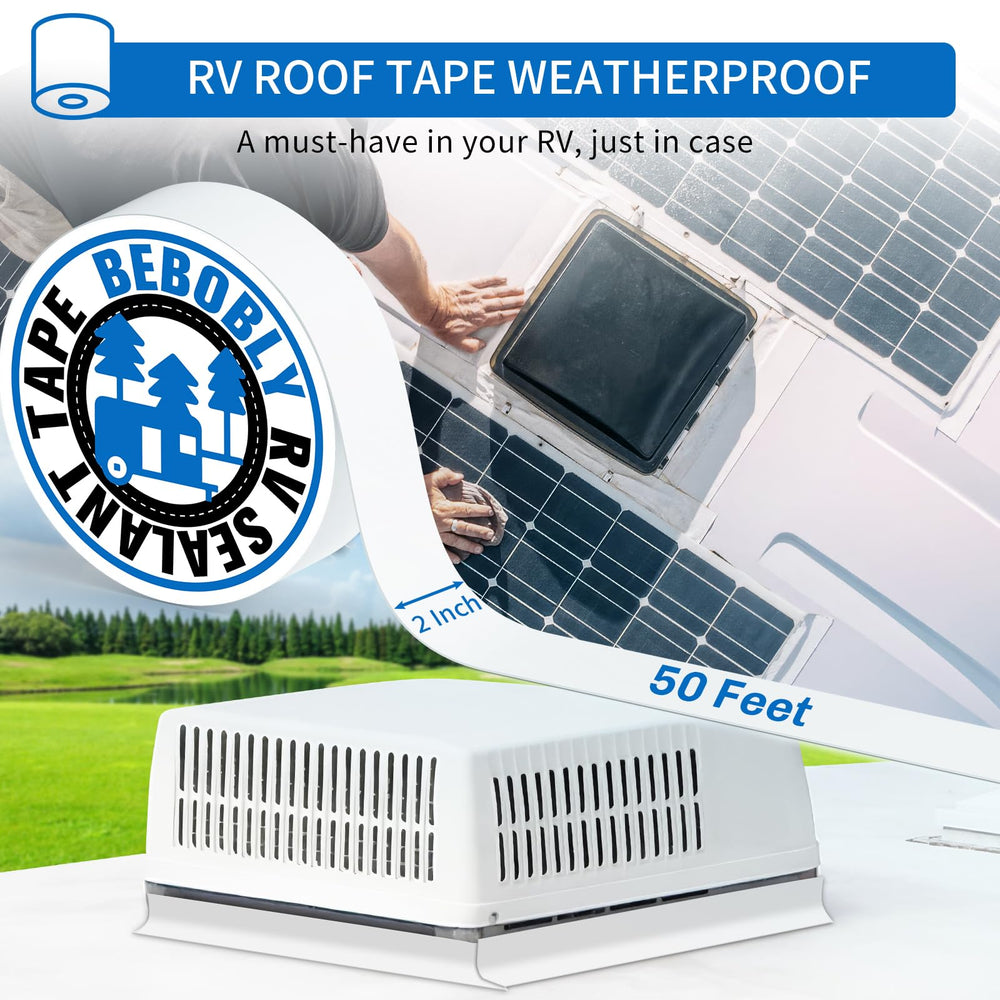 BEBOBLY RV Roof Tape application closeup for easy patching on flat or curved surfaces