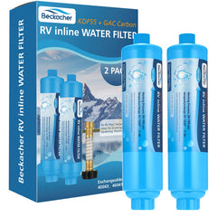 Beckacher RV inline water filter with flexible hose protector offering cleaner taste.