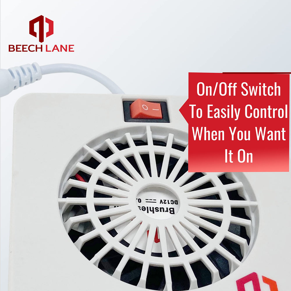 Beech Lane 12V RV fridge fan battery-free operation benefit.