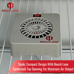 Beech Lane 12V RV fridge fan installed for steady circulation.