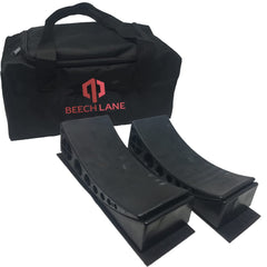 Beech Lane camper levelers paired setup demonstrates easy leveling for a stable campsite.