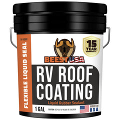 BEEST RV Roof Coating White bottle pour shows easy application and UV protection.