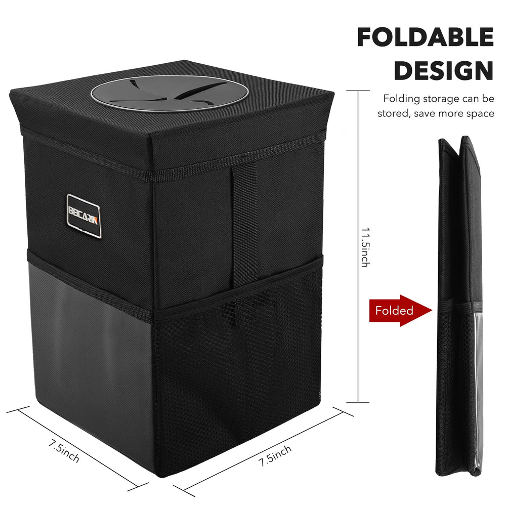 Beicarin collapsible trash bin folds flat for compact storage.