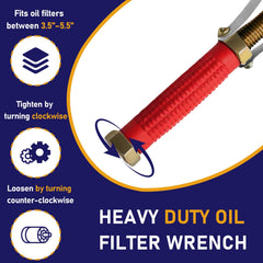 Beienz strap wrench demonstrates 9–15 cm diameter range for universal filter fit
