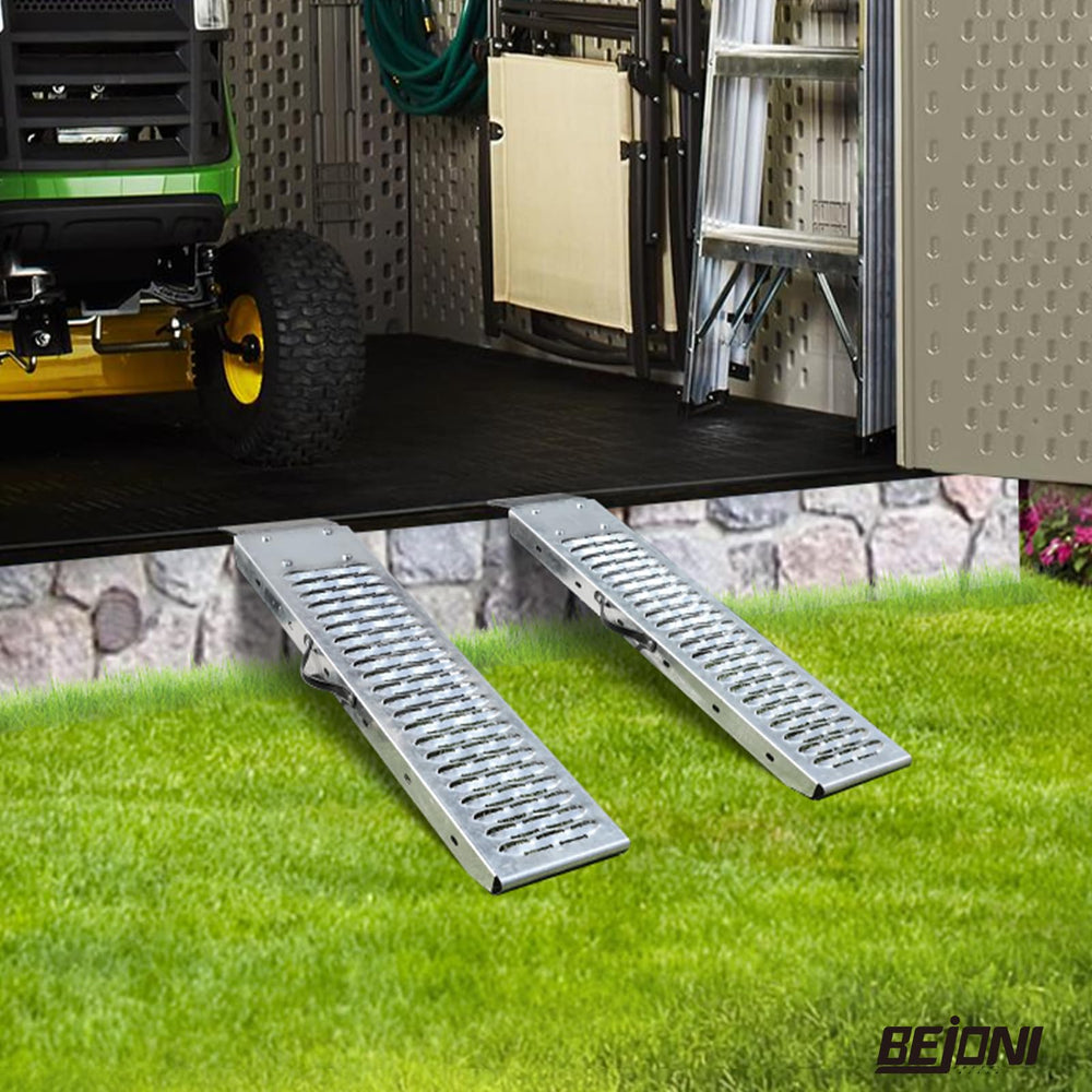 BEJONI steel ramps endure daily use for mowers and snow blowers.