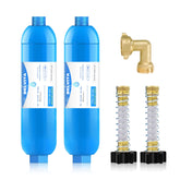 BELVITA RV inline water filter with 90-degree elbow improves hose connection flow.