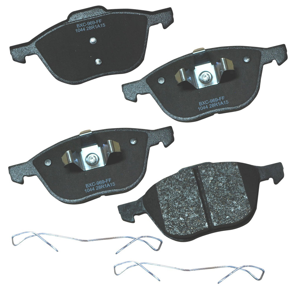 Bendix Premium SBC1044 front brake pad close-up shows ceramic material for smooth stopping.