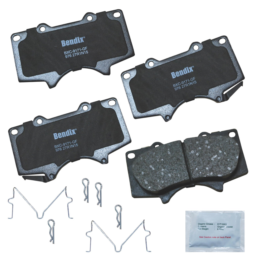 Bendix Priority1 ceramic front brake pad packaging with included hardware for easy installation.