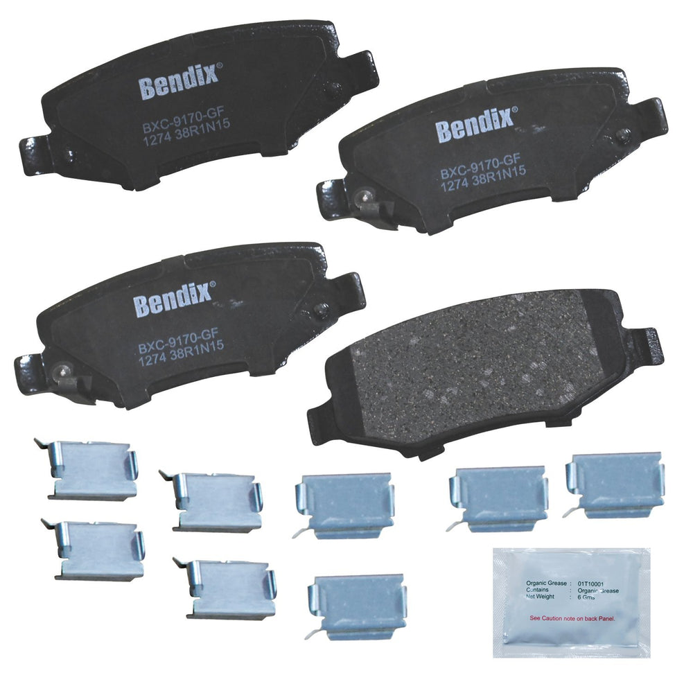 Bendix Priority1 ceramic rear brake pads with hardware for OE fit and quiet braking.