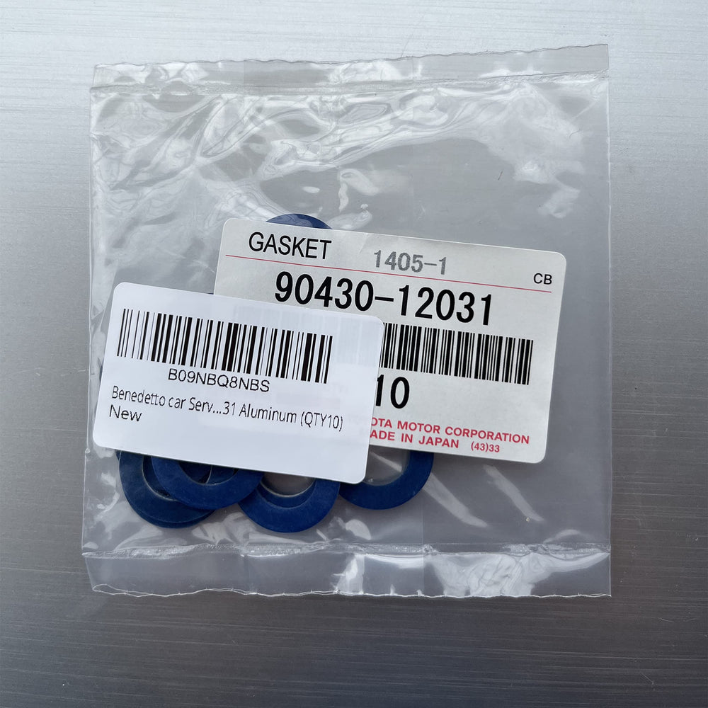 Benedetto auto service oil drain plug gasket in blue aluminum, 10-pack for Toyota maintenance.