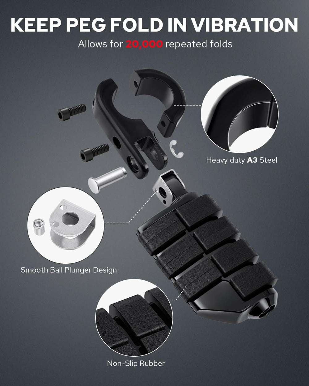 Benlari foldable footpegs folded to 90° for easy storage