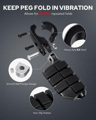 Benlari foldable footpegs folded to 90° for easy storage
