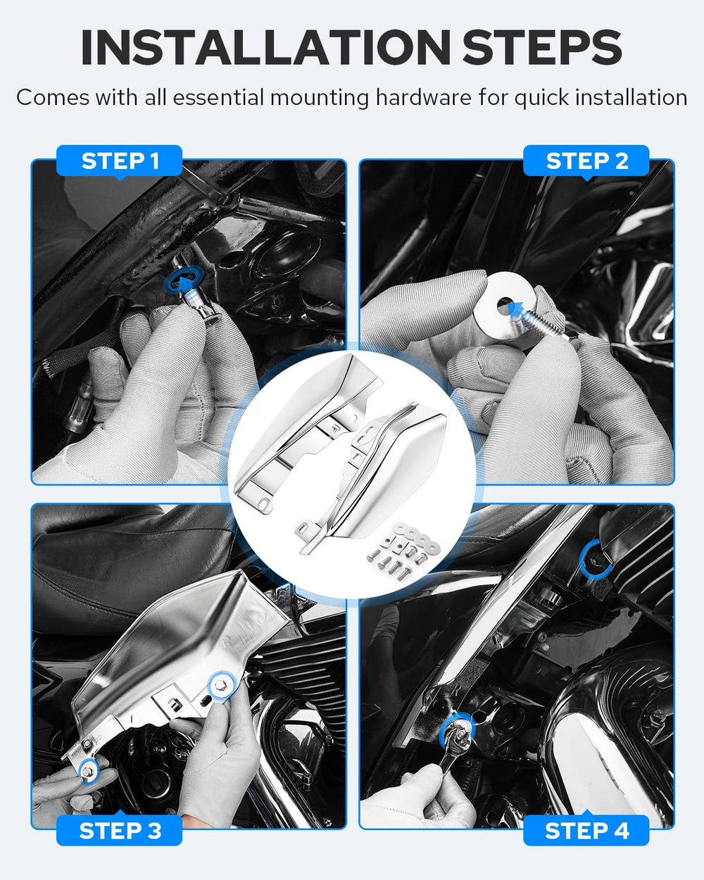 Benlari chrome mid-frame air deflectors installation hardware included for quick bolt-on fit