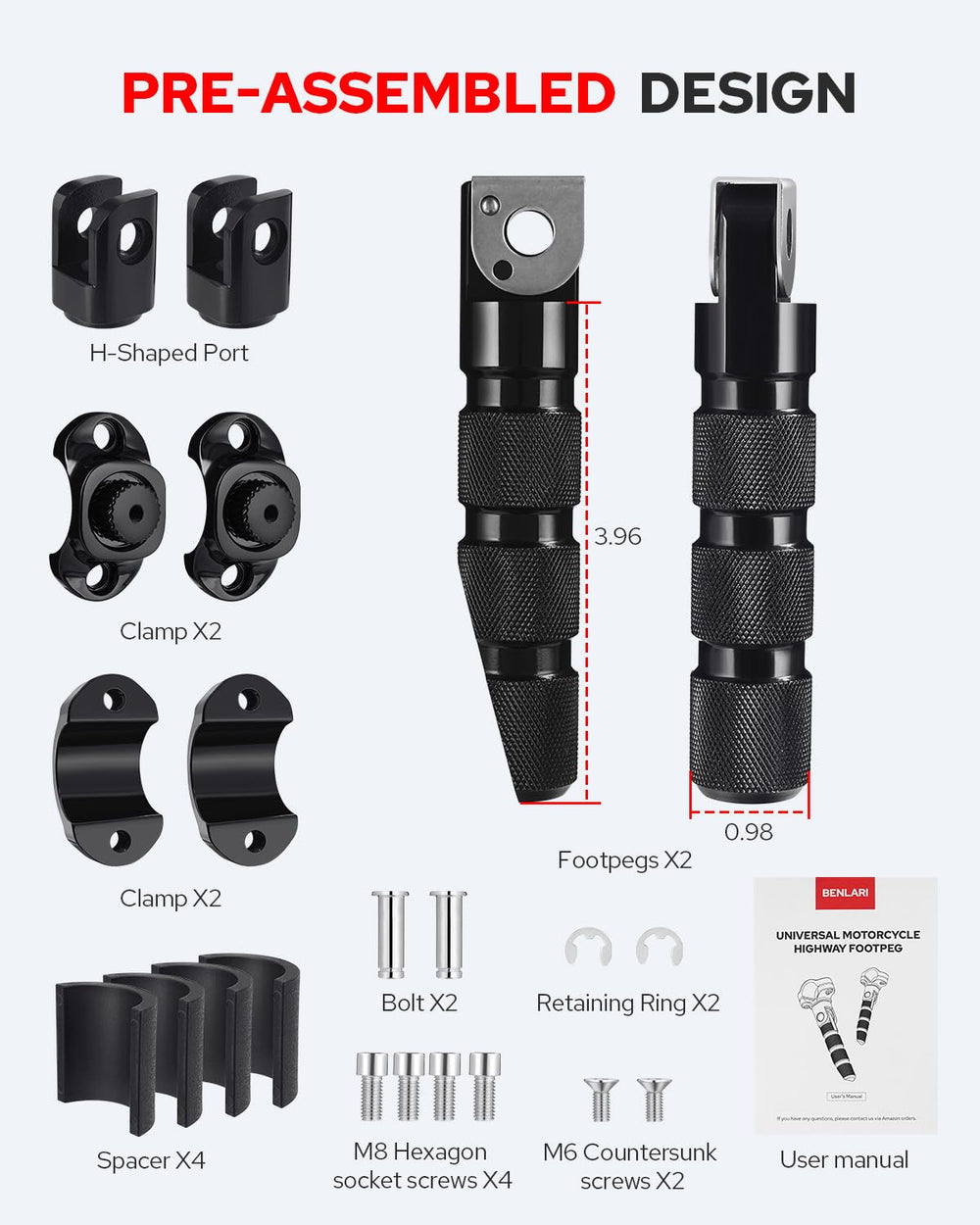 Benlari CNC highway pegs package contents include pegs, clamps, and ports.