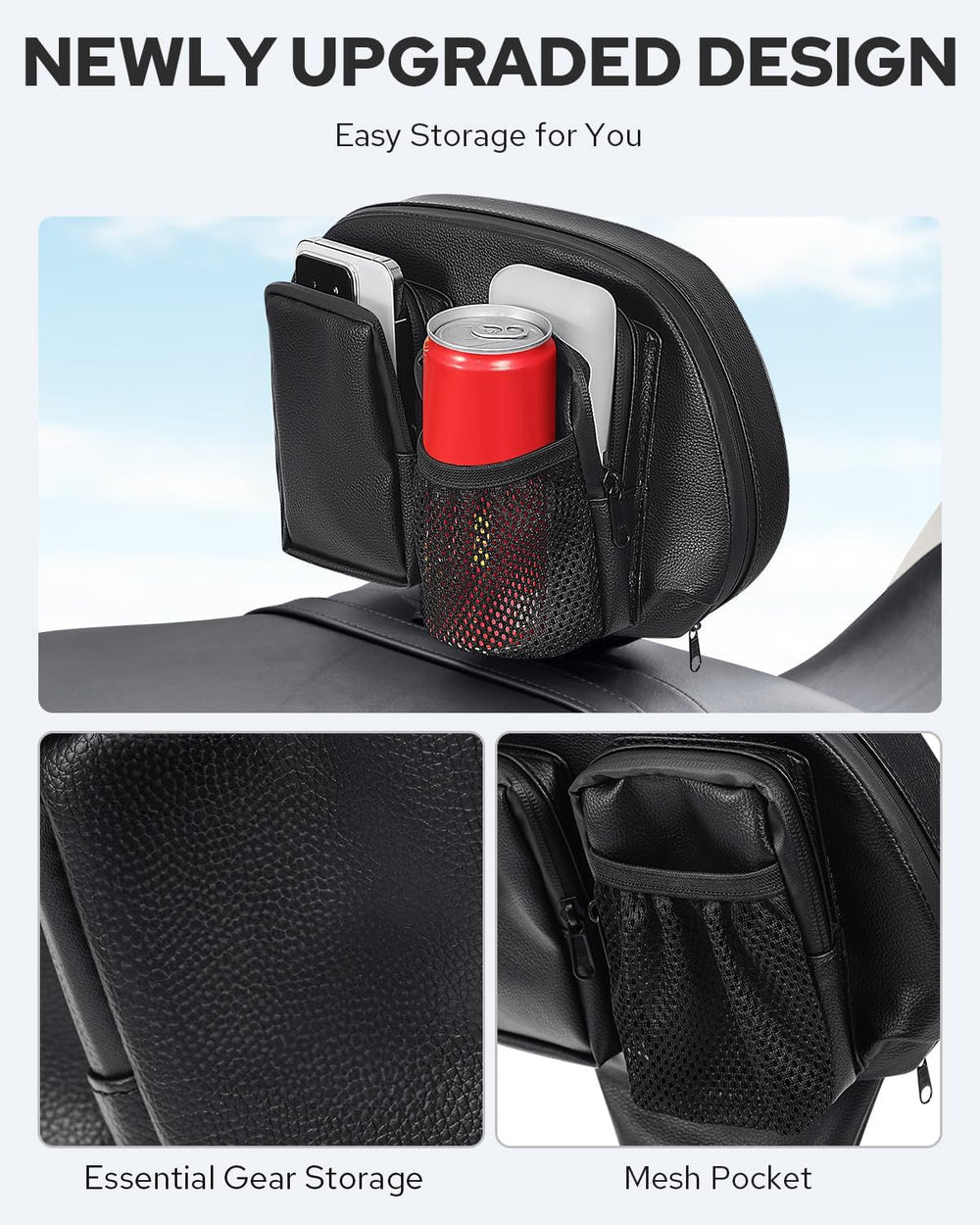 Benlari backrest includes storage bag for essentials