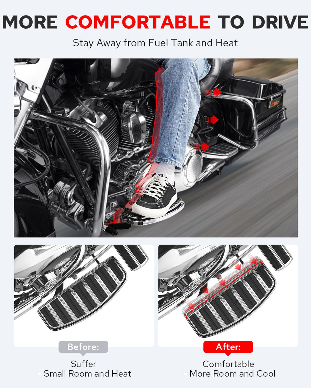 Benlari driver floorboard extensions 15inch option offering extra leg space on long rides.