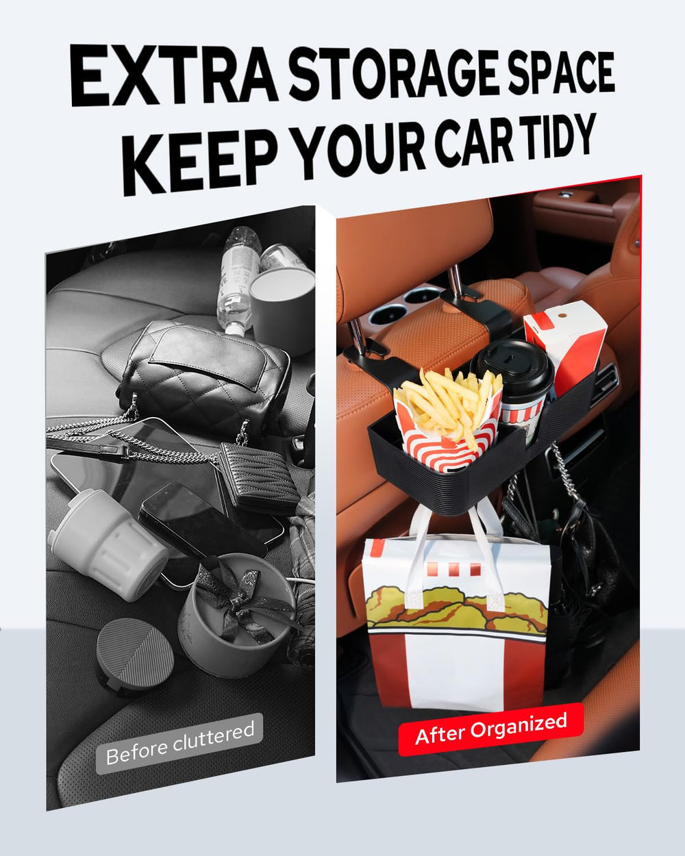 Benlari backseat organizer showing three bottom hooks for extra storage