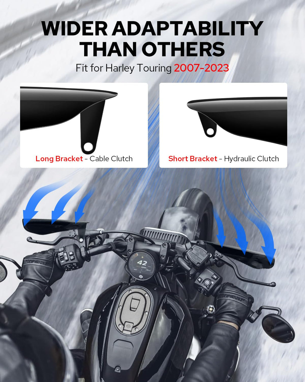 Wide U-shaped design offers enhanced protection against wind, rain, and road spray.