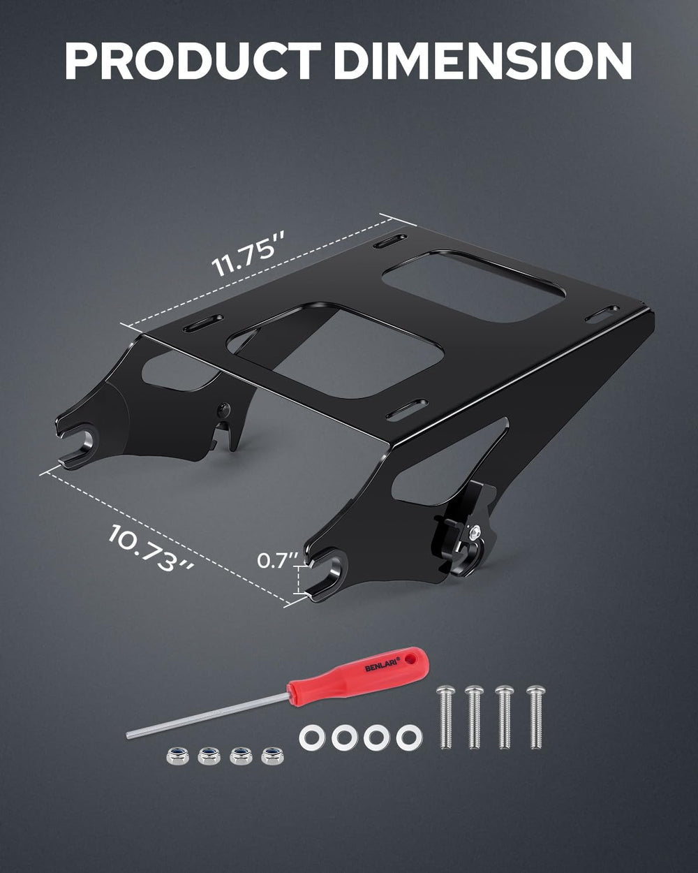 Benlari tour pack mount bracket detail shows rust-resistant steel for durable luggage support.
