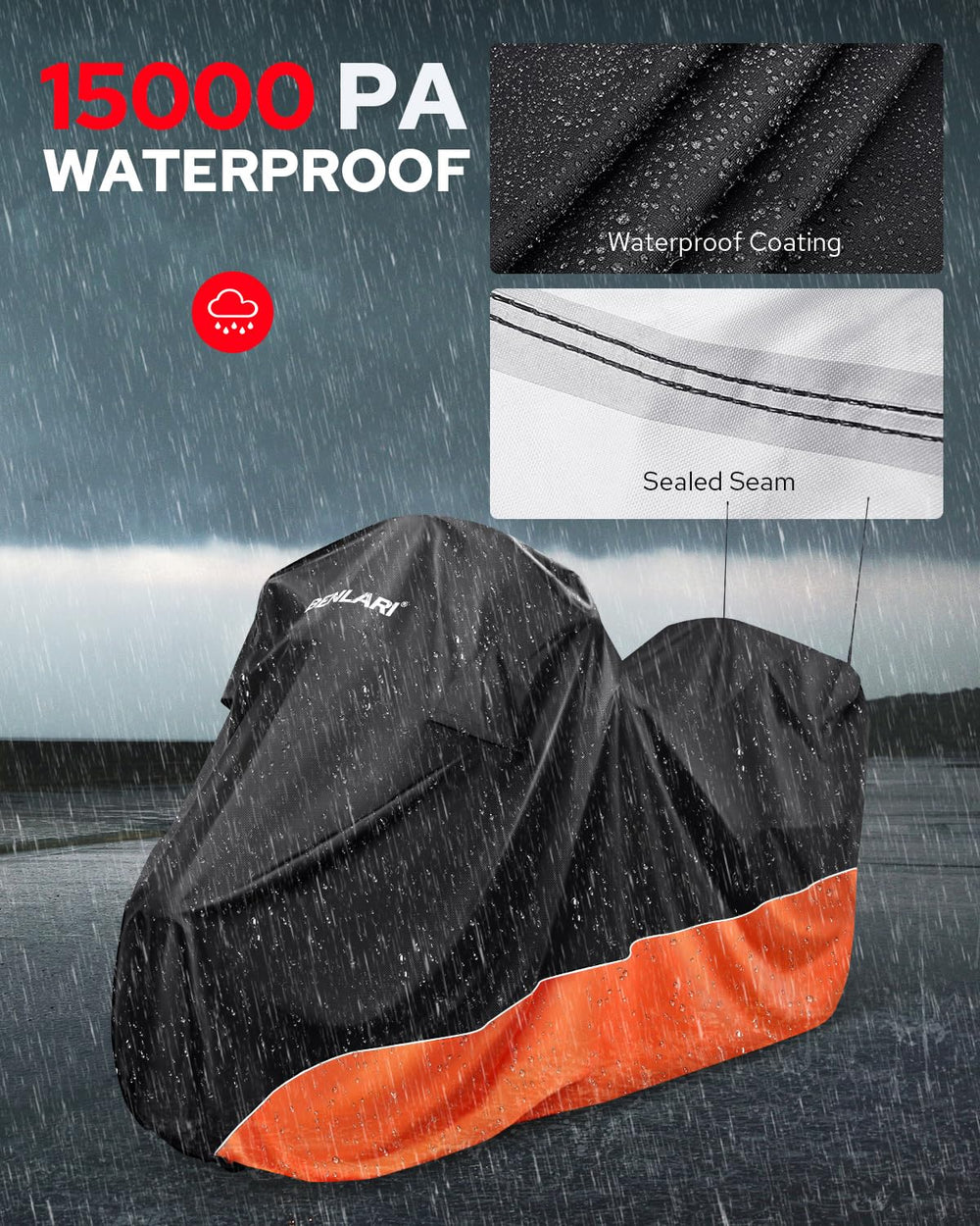 Benlari waterproof motorcycle cover sealed seams block moisture.