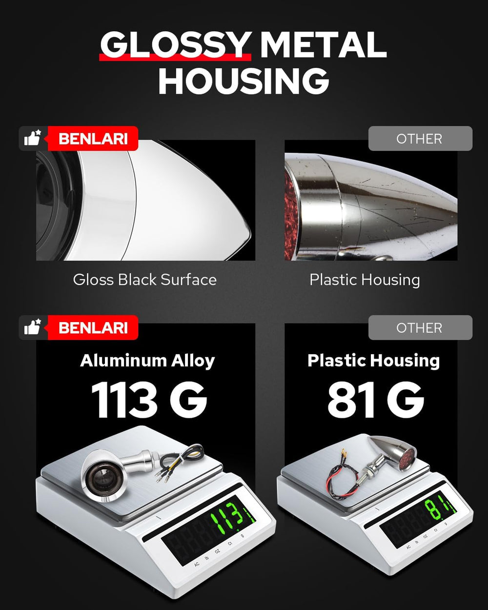 Benlari wide luminous design increases visibility with larger emission area.