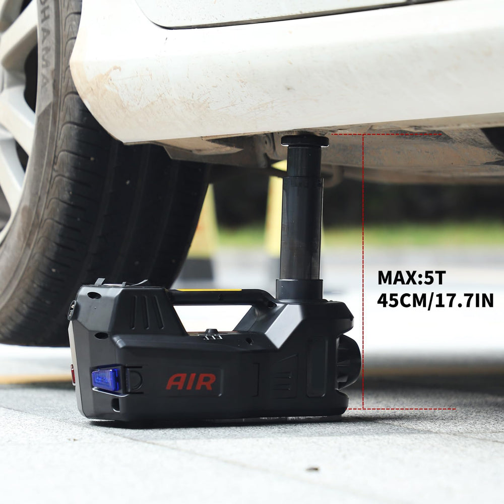 BENYAN electric car jack demonstrating automatic stop safety feature on level ground.