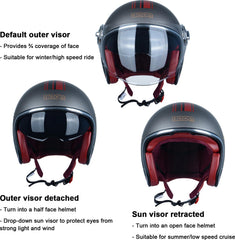 BEON open-face helmet inner sun visor deployed for glare control and UV protection.