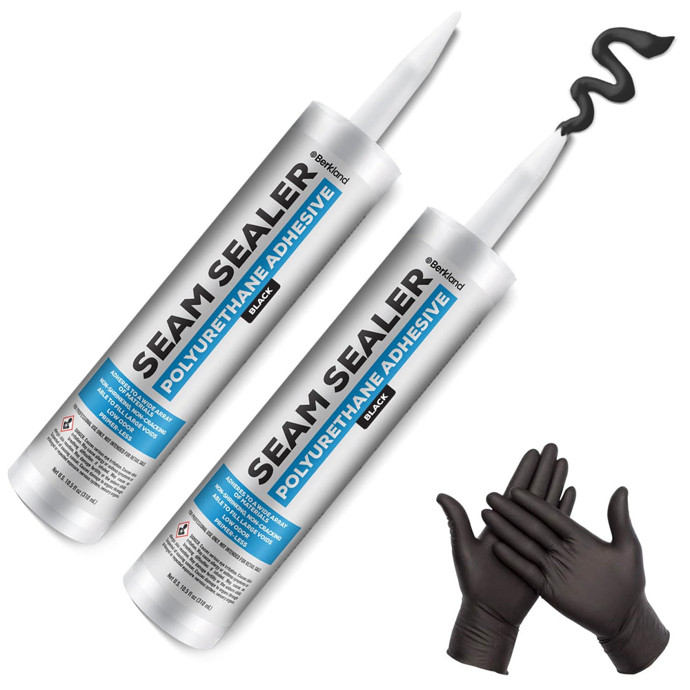 Berkland seam sealer two-pack in black sealing automotive joints with durable flexibility.