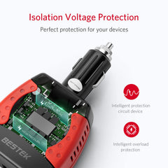 BESTEK 150W inverter auto-shutdown protects devices and car battery safely.