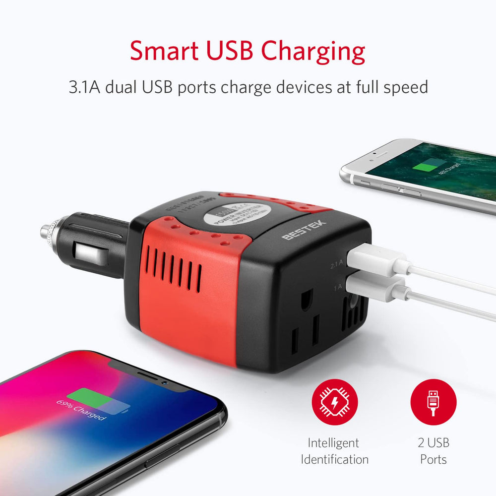 BESTEK 150W inverter connected to cigarette lighter socket for quick vehicle power.